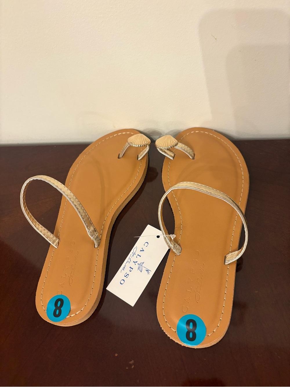Calypso St Barth Moray Sandals Gold Seashell Toe Loop Flat Slides NWT Size 8